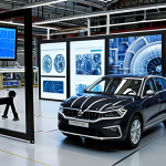 A modern, high-tech manufacturing plant in Spain. In the foreground, engineers are using a large transparent holographic display showing a detailed 3D digital twin of a complex industrial turbine, with data overlays indicating simulations and validations. In the background, automated robotic arms work on a car assembly line, reflecting optimized production. The scene should be brightly lit, conveying innovation, efficiency, and the seamless integration of virtual and physical manufacturing processes, with subtle cues of Spanish industrial architecture. Highly detailed, futuristic, realistic, engineering marvel.