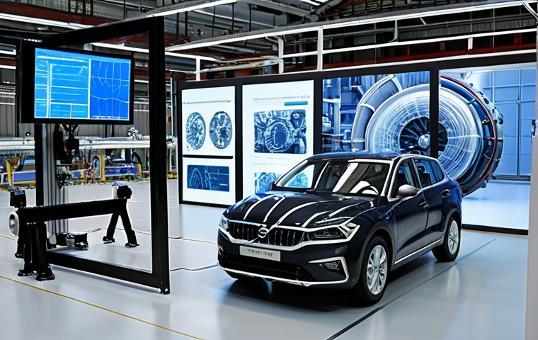A modern, high-tech manufacturing plant in Spain. In the foreground, engineers are using a large transparent holographic display showing a detailed 3D digital twin of a complex industrial turbine, with data overlays indicating simulations and validations. In the background, automated robotic arms work on a car assembly line, reflecting optimized production. The scene should be brightly lit, conveying innovation, efficiency, and the seamless integration of virtual and physical manufacturing processes, with subtle cues of Spanish industrial architecture. Highly detailed, futuristic, realistic, engineering marvel.