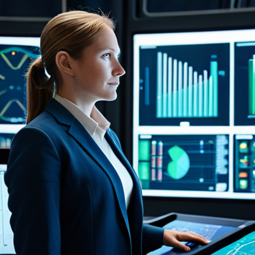Home 6 A professional female engineer, dressed in a modest, modern business suit, is standing confidently in a high-tech industrial control room. Large, luminous screens behind her display intricate real-time data visualizations and 3D models representing a digital twin of an advanced manufacturing facility. The environment is clean, bright, and futuristic, emphasizing operational efficiency. fully clothed, appropriate attire, safe for work, professional, perfect anatomy, natural pose, well-formed hands, proper finger count, natural body proportions, professional photography, cinematic lighting, high detail, realistic, appropriate content, family-friendly.