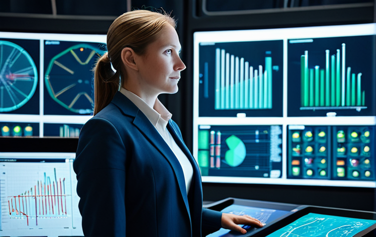 A professional female engineer, dressed in a modest, modern business suit, is standing confidently in a high-tech industrial control room. Large, luminous screens behind her display intricate real-time data visualizations and 3D models representing a digital twin of an advanced manufacturing facility. The environment is clean, bright, and futuristic, emphasizing operational efficiency. fully clothed, appropriate attire, safe for work, professional, perfect anatomy, natural pose, well-formed hands, proper finger count, natural body proportions, professional photography, cinematic lighting, high detail, realistic, appropriate content, family-friendly.
