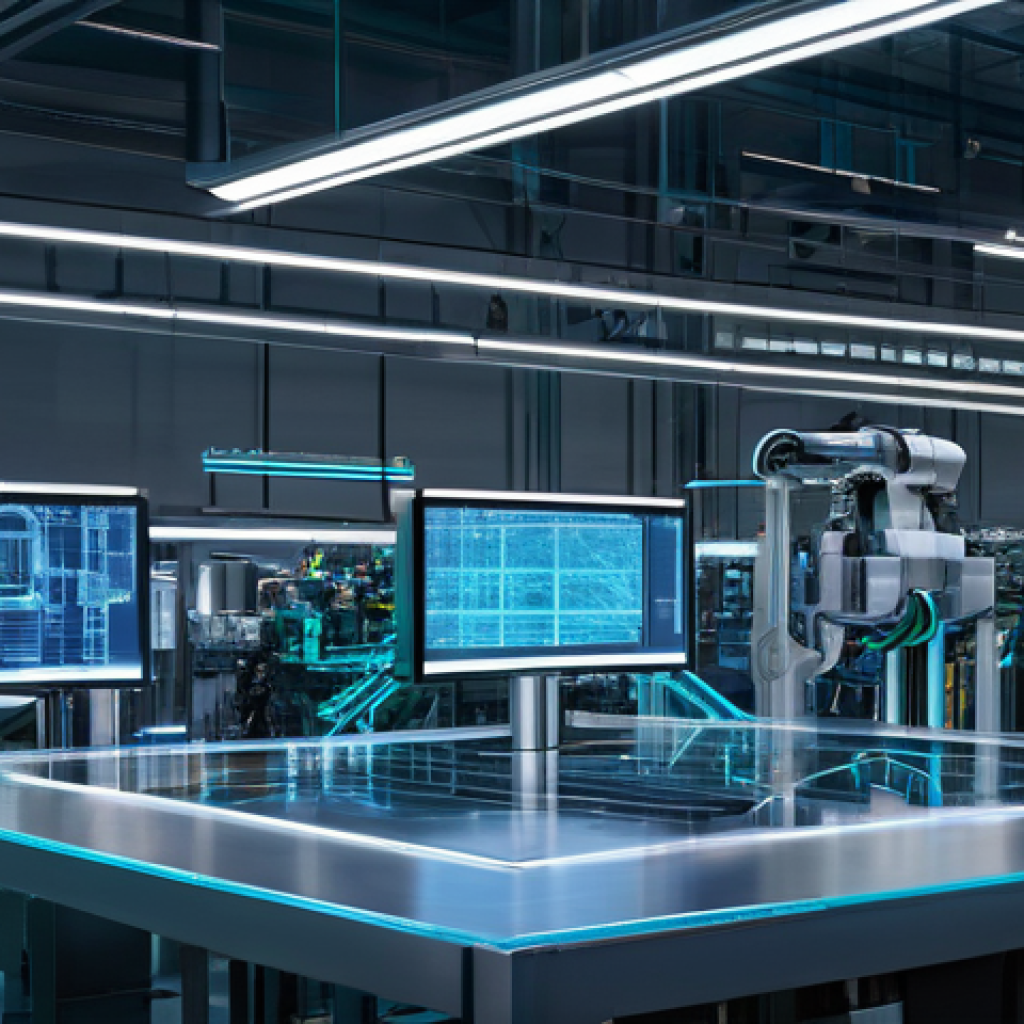 디지털 트윈으로 시뮬레이션한 생산 공정 - **Prompt:** "A futuristic factory floor where the physical machinery and a holographic, translucent ...