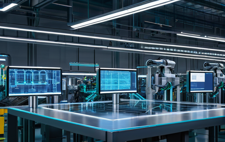 디지털 트윈으로 시뮬레이션한 생산 공정 - **Prompt:** "A futuristic factory floor where the physical machinery and a holographic, translucent ...