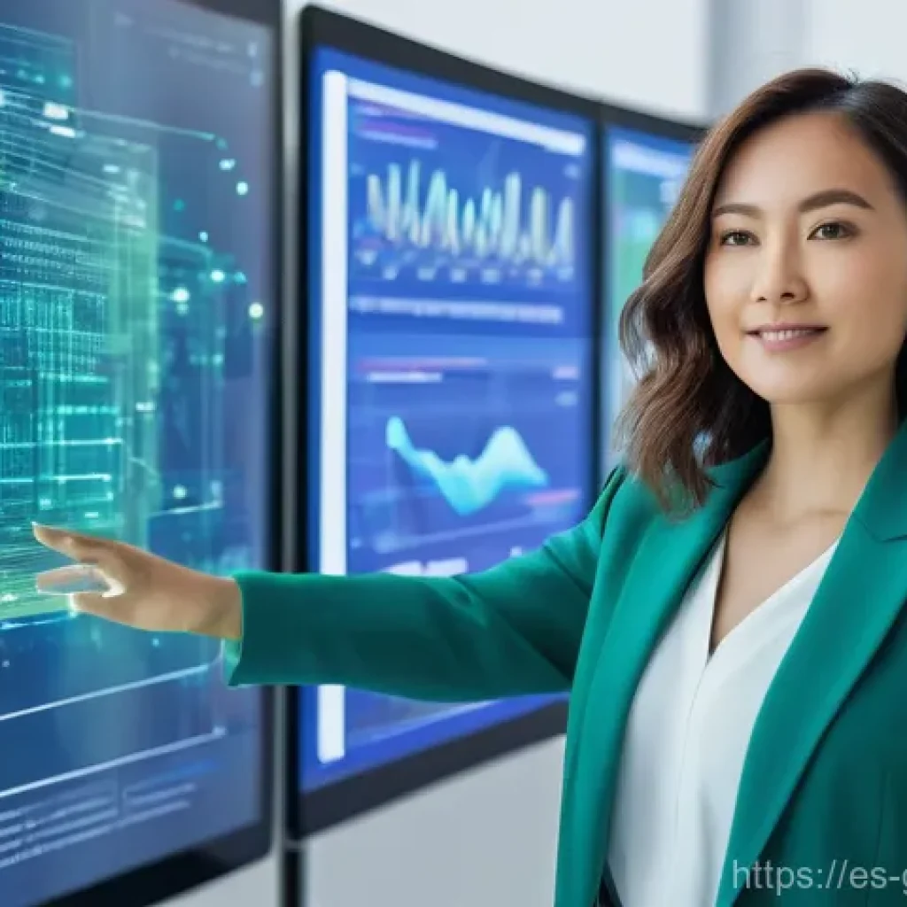 디지털 트윈의 구현을 위한 팀 구성 전략 - **Prompt:** A dynamic, high-tech office scene. A focused female professional, aged 30s, with short, ...