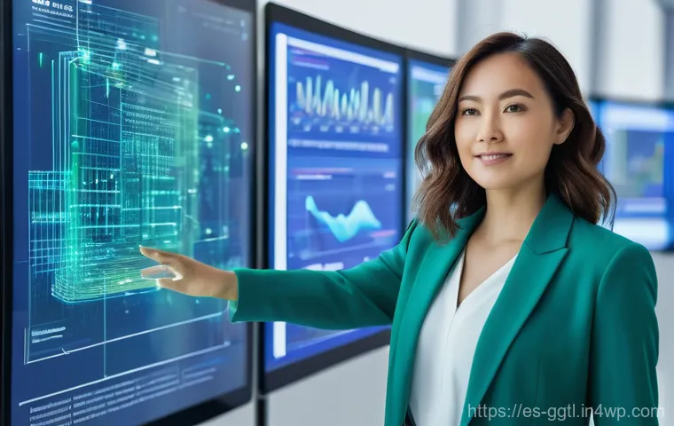 디지털 트윈의 구현을 위한 팀 구성 전략 - **Prompt:** A dynamic, high-tech office scene. A focused female professional, aged 30s, with short, ...