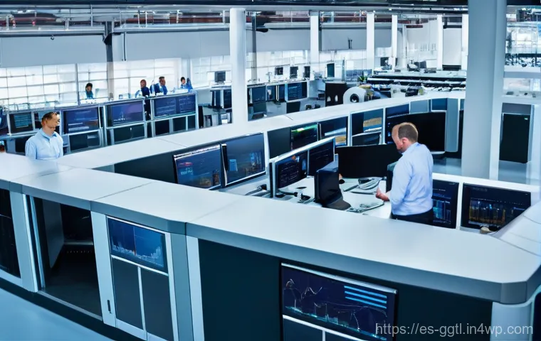 디지털 트윈 기반의 유지보수 전략 - **Prompt:** A brightly lit and organized factory floor showcases advanced industrial machinery, such...