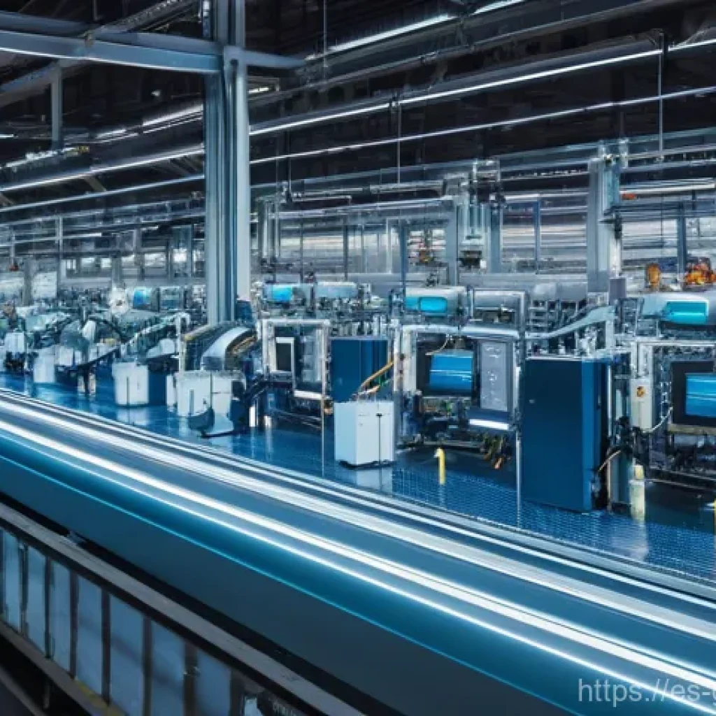 디지털 트윈의 주요 기술 스택 - **Prompt:** A high-angle, futuristic shot inside a meticulously organized manufacturing plant. Numer...