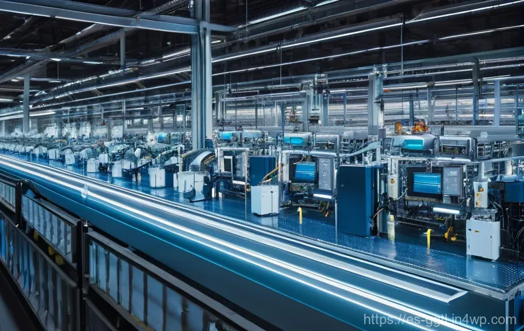 디지털 트윈의 주요 기술 스택 - **Prompt:** A high-angle, futuristic shot inside a meticulously organized manufacturing plant. Numer...