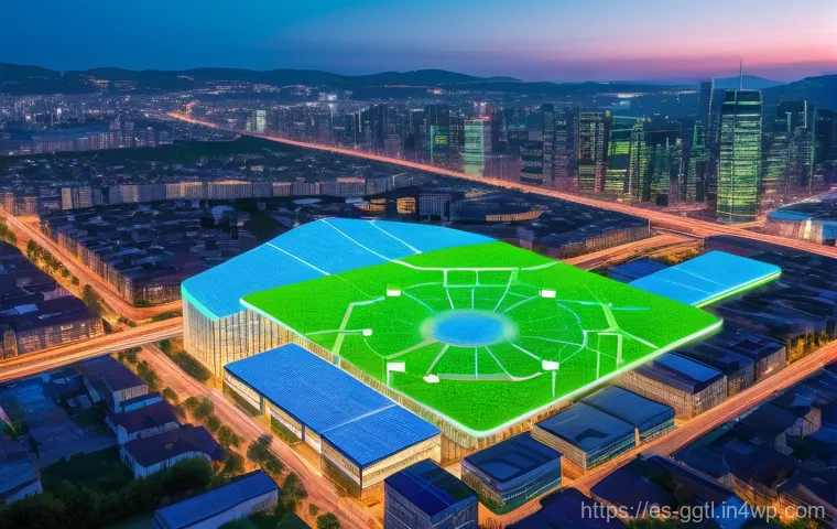 디지털 트윈을 통한 효율적인 자원 배분 - **Prompt:** A sophisticated control room overlooking a vast, modern renewable energy park (e.g., a w...