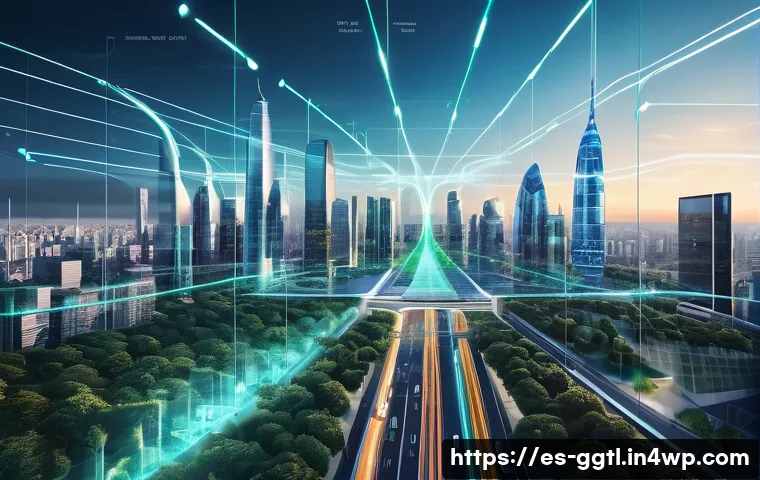 디지털 트윈 기술의 발전 방향 - **Smart City Digital Twin**
    "A breathtaking panoramic view of a futuristic smart city, rendered ...