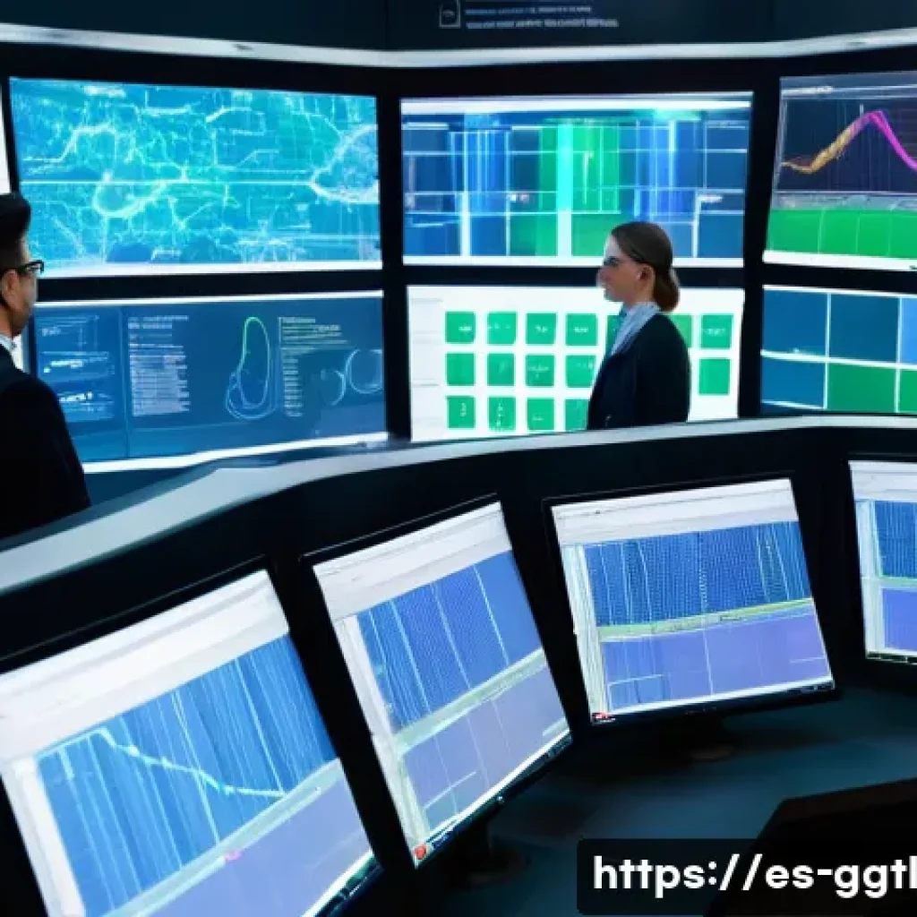 스마트 제조에서의 디지털 트윈 활용 - A modern industrial control room showcasing a team of diverse factory operators wearing safety gear ...