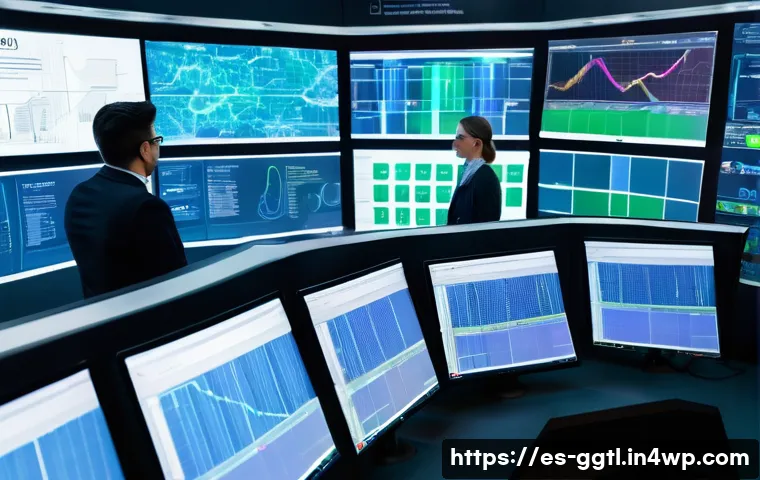 스마트 제조에서의 디지털 트윈 활용 - A modern industrial control room showcasing a team of diverse factory operators wearing safety gear ...