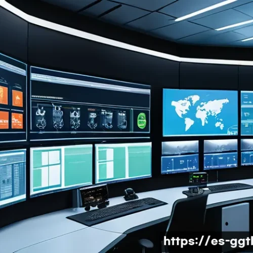 디지털 트윈의 실시간 데이터 활용 - A high-tech industrial control room with large digital screens displaying real-time data and 3D virt...