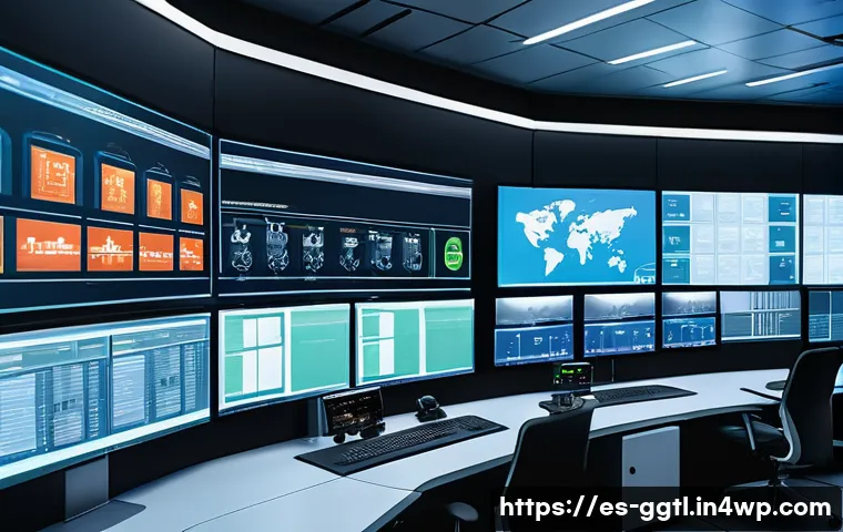 디지털 트윈의 실시간 데이터 활용 - A high-tech industrial control room with large digital screens displaying real-time data and 3D virt...