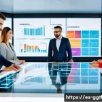 디지털 트윈의 리더십 및 조직적 변화 - A modern corporate office setting in a Spanish company, featuring a diverse group of professional le...