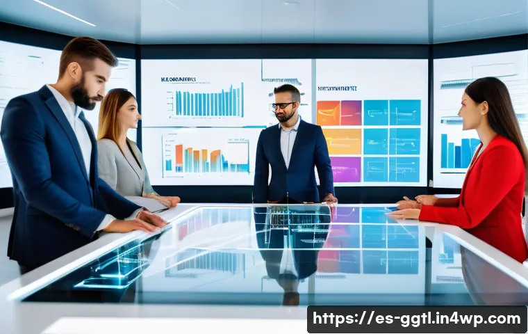 디지털 트윈의 리더십 및 조직적 변화 - A modern corporate office setting in a Spanish company, featuring a diverse group of professional le...